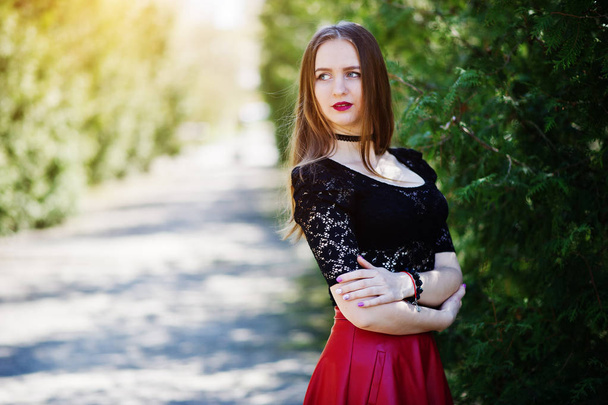 Portrait of girl with bright make up with red lips, black choker - Fotografie, Obrázek