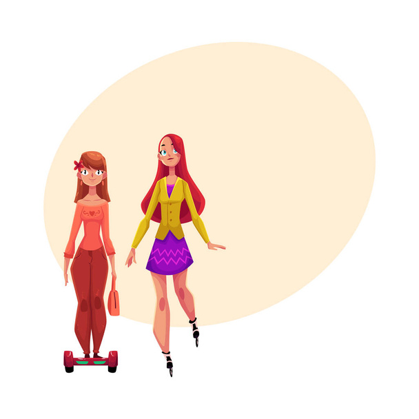 Two girls, women, one roller skating, another riding gyro scooter - Vector, Image