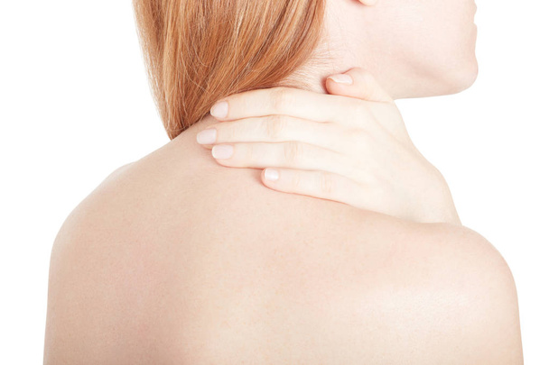 Young woman with neck pain on white, clipping path - Valokuva, kuva