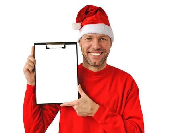 Smiling christmas man wearing a santa hat isolated on the white - Zdjęcie, obraz