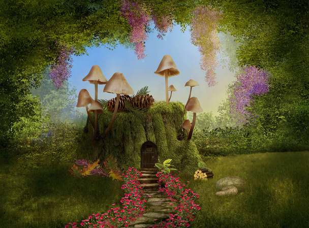 Fantasy Dom na pniu drzewa. 3D - Zdjęcie, obraz