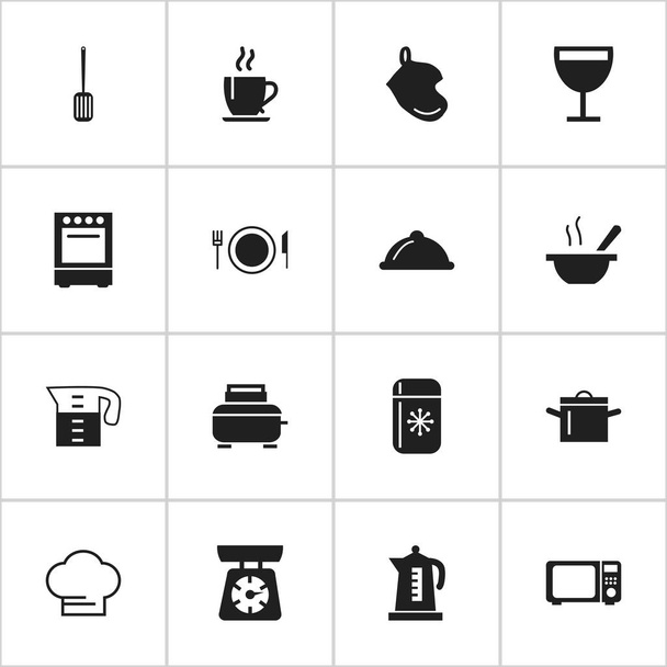 Conjunto de 16 ícones de cozinha editáveis. Inclui símbolos como prato, vinho, geladeira e muito mais. Pode ser usado para Web, Mobile, UI e design infográfico
. - Vetor, Imagem