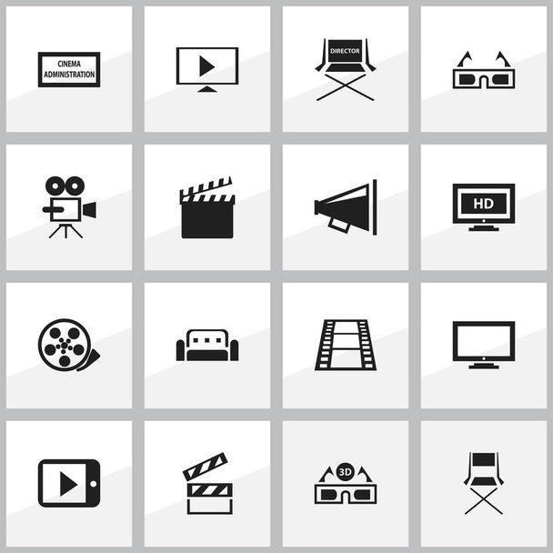 Set de 16 iconos de cine editables. Incluye símbolos como la tira de la cámara, la cinta, el aplauso y más. Puede ser utilizado para el diseño de la tela, móvil, interfaz de usuario e infografía
. - Vector, Imagen