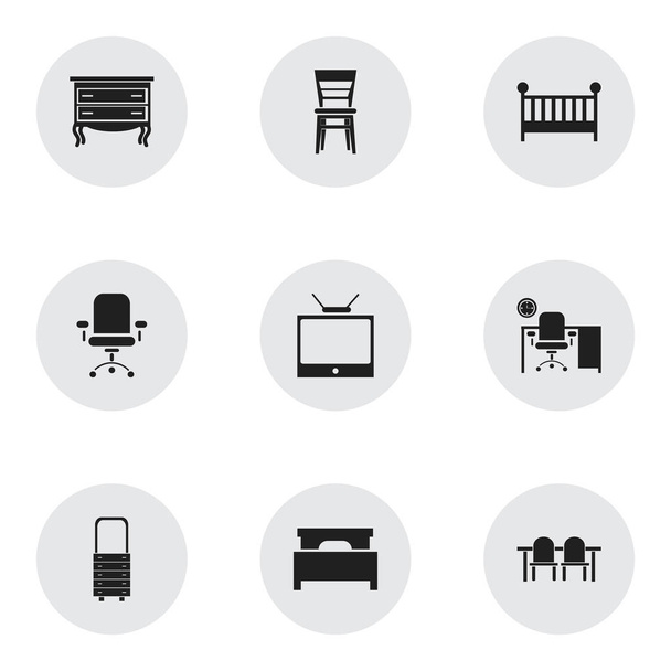 Conjunto de 9 ícones interiores editáveis. Inclui símbolos como Commode, televisão, assento ergonômico e muito mais. Pode ser usado para Web, Mobile, UI e design infográfico
. - Vetor, Imagem