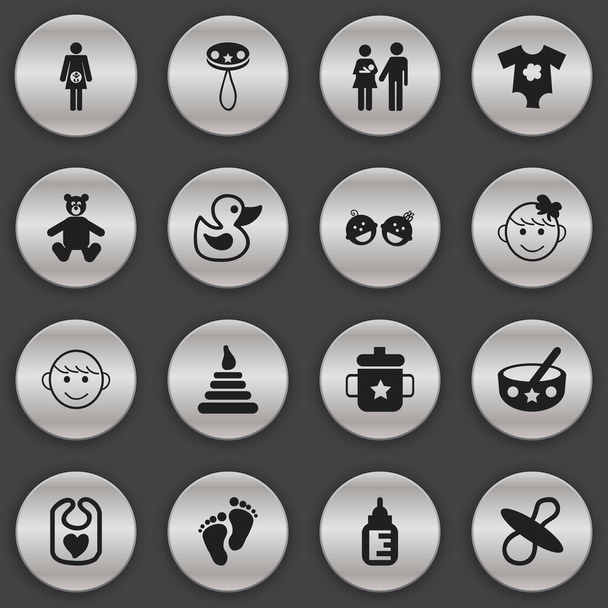 Sada 16 upravitelné ikon. Obsahuje symboly jako kojící láhev, šidítek, malé šaty a další. Lze použít pro webové, mobilní, Ui a infografika Design. - Vektor, obrázek