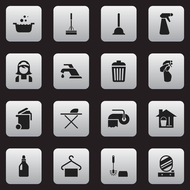 Set Of 16 Editable Dry-Cleaning Icons. Includes Symbols Such As Wc Cleaning, Hotel Staff, Rubber Drain And More. Can Be Used For Web, Mobile, UI And Infographic Design. - Vector, Image