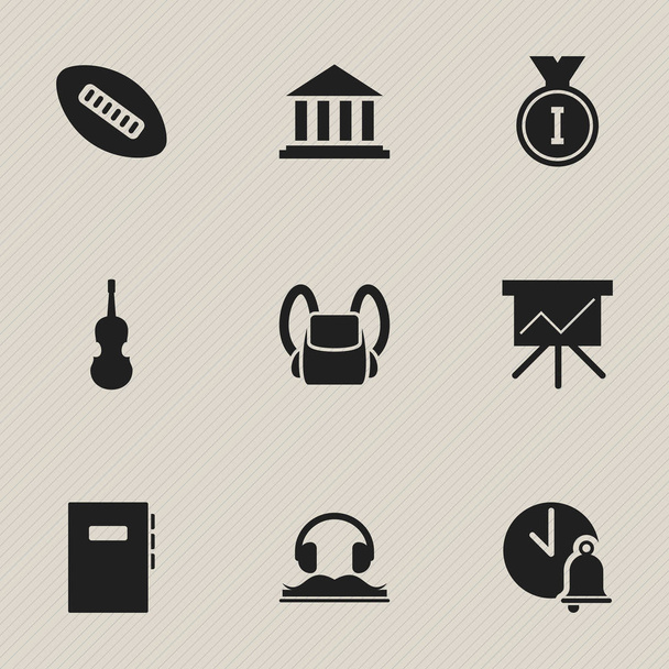 Készlet 9 szerkeszthető tudomány ikonok. Ovális labda, hegedű, iskolai csengő, és szimbólumokat tartalmaz. Lehet használni a Web, mobil, Ui és Infographic Design. - Vektor, kép