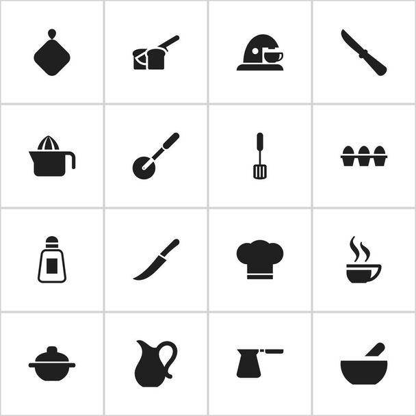 Készlet 16 szerkeszthető étkezés ikonok. Roller kés, Saltshaker, kávé Pot, és szimbólumokat tartalmaz. Lehet használni a Web, mobil, Ui és Infographic Design. - Vektor, kép