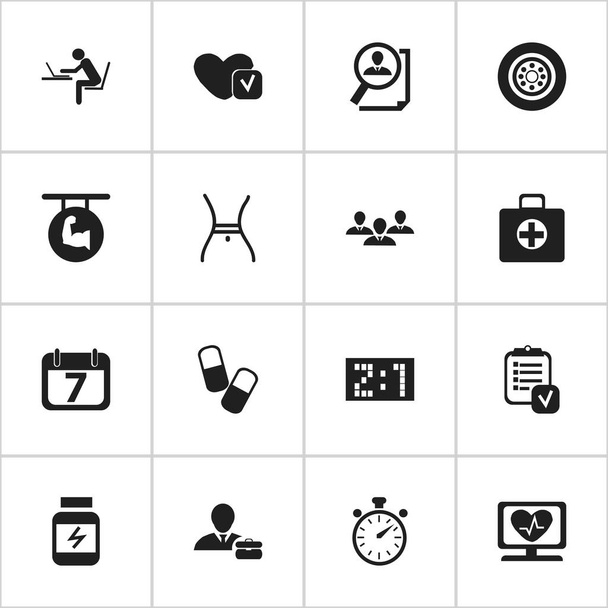 Set van 16 bewerkbare gemengde iconen. Bevat symbolen zoals EHBO doos, resultaat, vragenlijst en meer. Kan worden gebruikt voor Web, Mobile, Ui en Infographic Design. - Vector, afbeelding