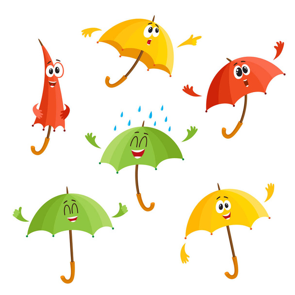 Cute, funny umbrella characters with human face showing different emotions - Vektor, obrázek