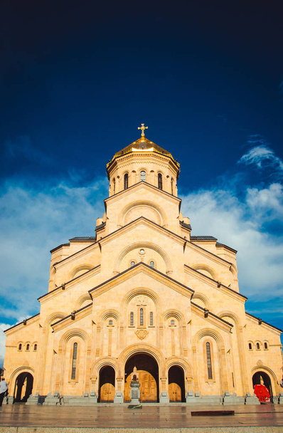 Holy Trinity Cathedral Tsminda Sameba in Tbilisi, Georgia. Georgian Orthodox Church. Welcome To Georgia. Tourist attraction. Religious background. Travel concept. Caucasus region. Copy space - 写真・画像