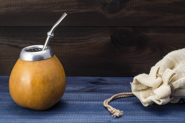 yerba mate with gourd matero, bombilla and linen bag - 写真・画像