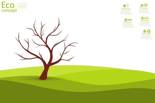 Boom op groen gras. Milieuvriendelijk. Het concept van ecologie met de achtergrond van de boom. Template naaldhout silhouet. landschap. De natuur. Illustratie. - Foto, afbeelding