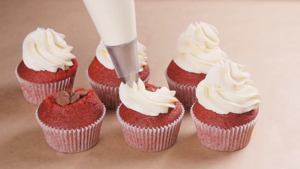 Θηλυκό baker διακόσμησης νόστιμο cupcake - Πλάνα, βίντεο