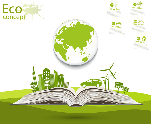 Environmentally friendly world. Green world map global environment with happy family stories. Open book of happy family stories. Ecology concept. Ecologically clean world. Illustration. Doodle. - Photo, Image