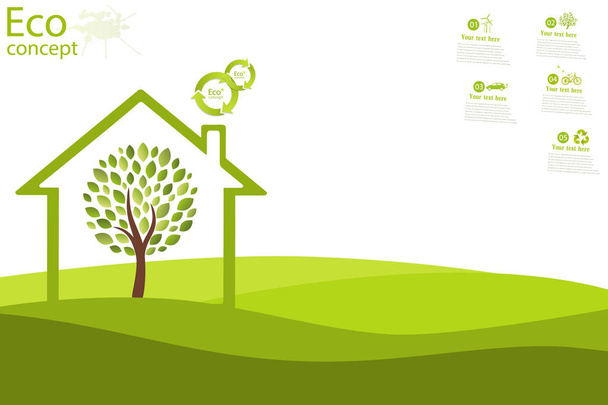 der Baum im Haus auf dem grünen Gras. das Konzept der Ökologie, um den Planeten zu retten. Umweltfreundlich. Illustrationskonzept der Ökologie. Hintergrund. Infografik - Foto, Bild