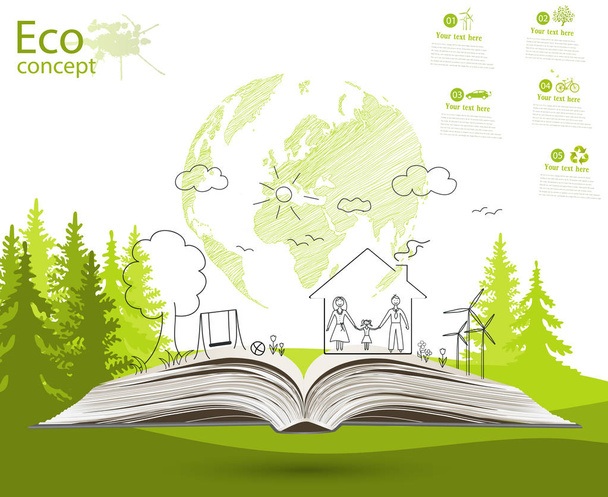 Šetrný k životnímu prostředí. Zelený svět mapuje globální prostředí se šťastnými rodinnými příběhy. Otevřená kniha šťastných rodinných příběhů. Ekologický koncept. Ekologicky čistý svět. Ilustrace. Doodle. - Fotografie, Obrázek