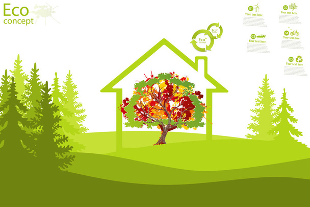 Дерево всередині будинку на зеленій траві. Концепція екології, щоб врятувати планету. Екологічно чистий. Ілюстрація концепції екології. Тло. Інфографіка
 - Фото, зображення