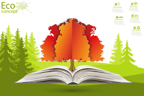 Zöld papírfa nő egy nyitott könyvből. Az ökológia koncepciója, hogy megmentsük a bolygót. Környezetbarát. Nyílt könyv legális a füvön. Illusztráció modern design sablon - Fotó, kép
