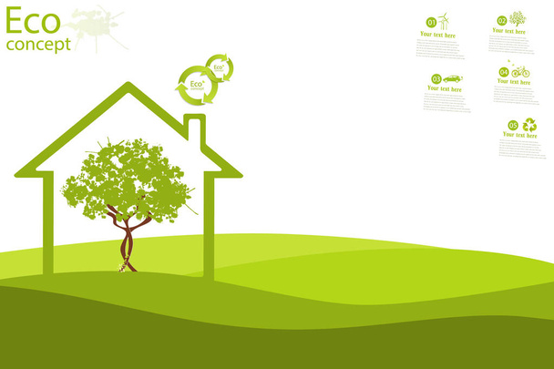 緑の芝生の上の家の中の木。地球を救うための生態学の概念。環境に優しい生態学のイラストコンセプト。背景。インフォグラフィック - 写真・画像