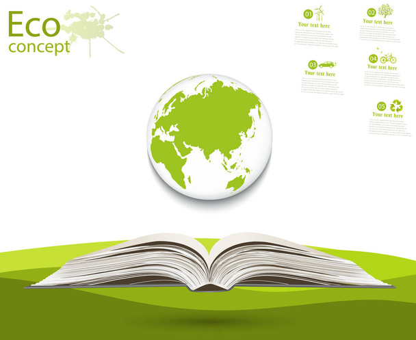 Globe açık bir kitap. Gezegeni kurtarmak için ekoloji kavramı. Çevre dostu. Çevre dostu dünya. Ekolojinin illüstrasyonu. Geçmişi. Peyzaj. Bilgi Grafikleri - Fotoğraf, Görsel