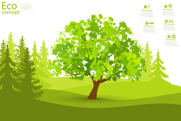 Дерево на зеленій траві. Екологічно чистий. Концепція екології з фоном дерева. Шаблон хвойного лісового силуету. пейзаж. Природа. Ілюстрація
. - Фото, зображення