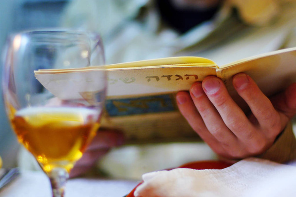 Joodse man leest de Haggada voor Pesach Seder maaltijd - Foto, afbeelding