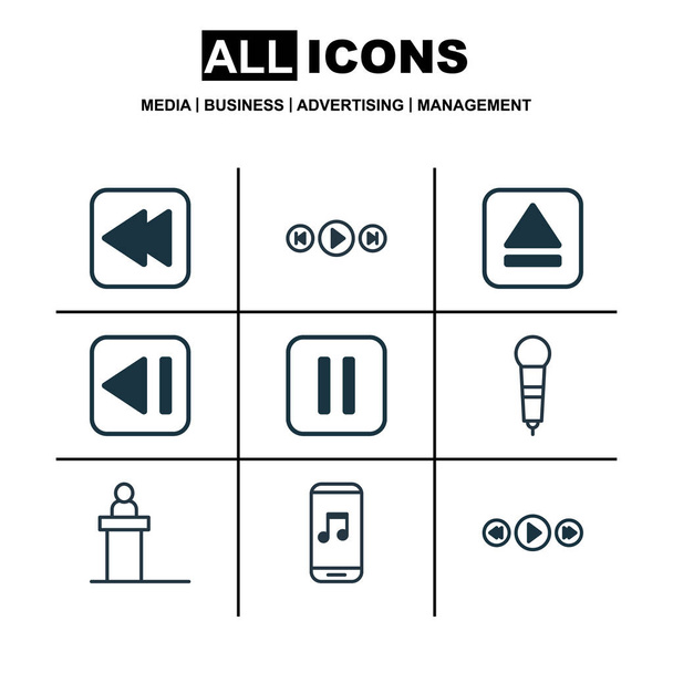 Set de 9 iconos multimedia. Incluye la última canción, control de música, dispositivo de extracción y otros símbolos. Hermosos elementos de diseño
. - Vector, imagen