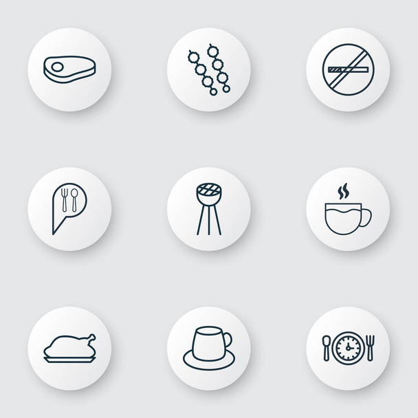 Ensemble de 9 icônes alimentaires. Comprend Stop Smoke, thé, frites de poulet et autres symboles. Beaux éléments de conception
. - Vecteur, image