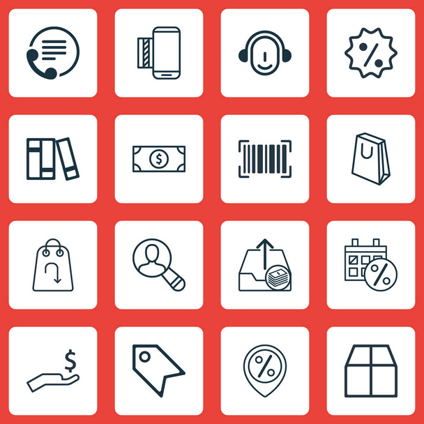 Conjunto de 16 iconos de comercio electrónico. Incluye ubicación de descuento, servicio móvil, reembolso y otros símbolos. Hermosos elementos de diseño
. - Vector, imagen