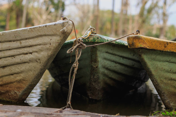 Barcos coloridos ancorados à beira do lago
 - Foto, Imagem