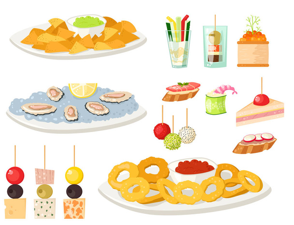 Various meat canape snacks appetizer fish and cheese banquet snacks on platter vector illustration. - Vector, Image
