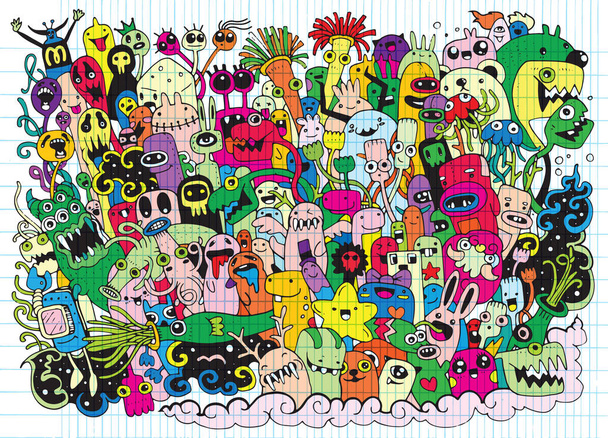 Hipster Hand drawn gelukkig doodle Monster groep tekening stijl. Vectorillustratie - Vector, afbeelding