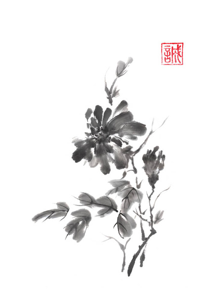 Japanese style original sumi-e chrysanthemum branch ink painting. - Fotó, kép
