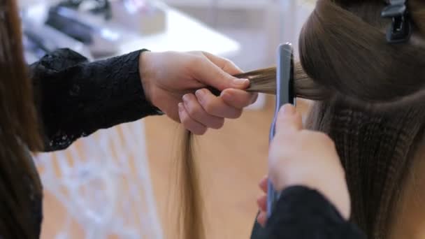 Friseur benutzt Haarglätter auf langen Haaren der Kundin im Friseursalon - Filmmaterial, Video