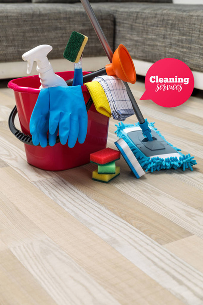Cleaning service. Sponges, chemicals and mop. - Fotó, kép