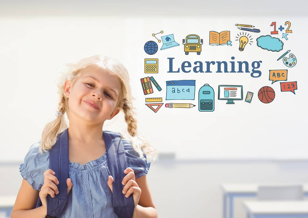 Young girl school with bag and Learning text  - Φωτογραφία, εικόνα