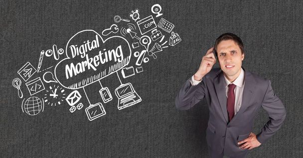 Confused businessman with digital marketing text in cloud by signs - Foto, imagen