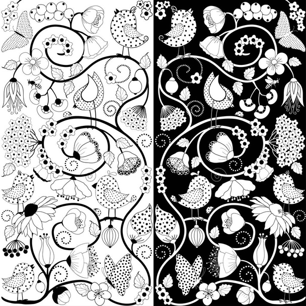 Black and white flowers and birds - Vector, Image