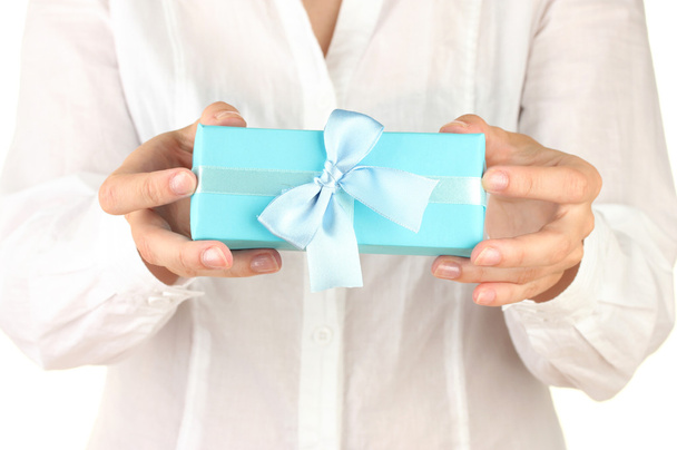 woman holds a box with a gift on white background close-up - Foto, Imagem
