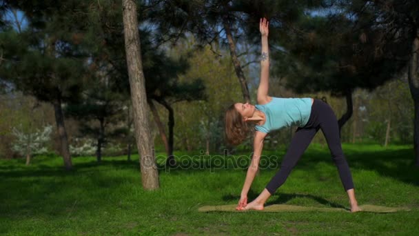 Joven hembra delgada haciendo yoga en el césped en el parque de cámara lenta
 - Imágenes, Vídeo