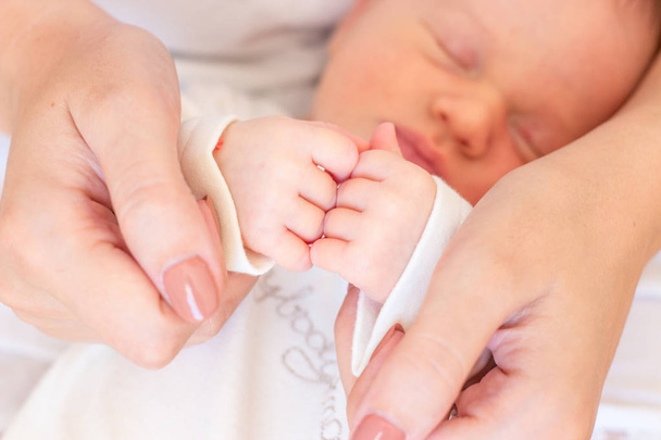足のクローズ アップは、子を処理します。母は、足、手、指、子供の鼻にキスします。穏やかな写真のママと赤ちゃん - 写真・画像