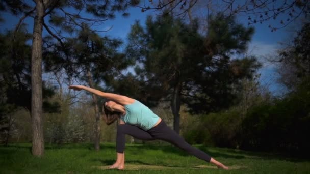 Joven hembra delgada haciendo yoga en el césped en el parque cerca de pinos cámara lenta
 - Metraje, vídeo