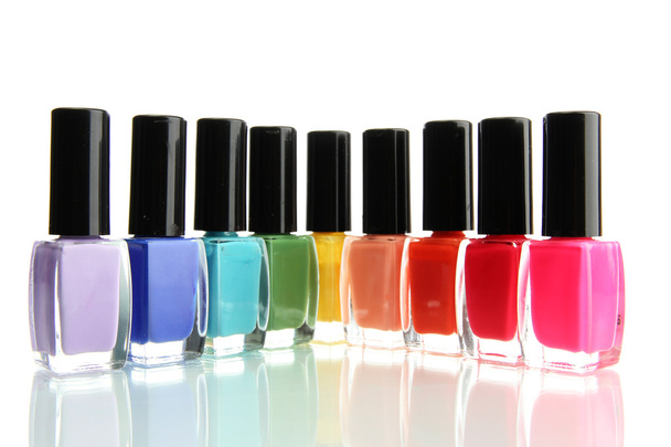 Group of bright nail polishes isolated on white - Fotoğraf, Görsel