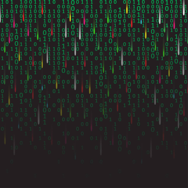 Código binario verde y fondo oscuro con fuegos artificiales, dígitos en la pantalla. Algoritmo binario, código de datos, descifrado y codificación, matriz de fila, ilustración vectorial - Vector, Imagen