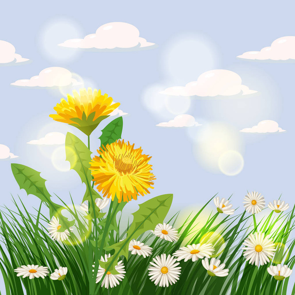 Fresh spring background with grass, dandelions and daisies - Vektor, Bild