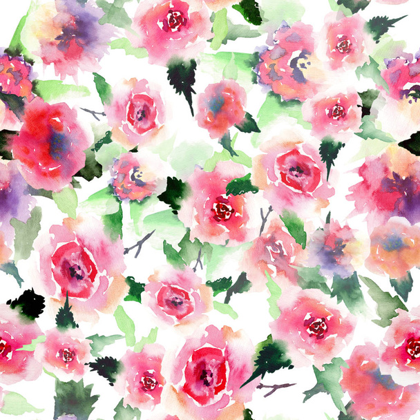 Cute floral herbal gorgeous magnificent colorful spring summer pink and red roses with leaves pattern watercolor hand illustration - Fotoğraf, Görsel
