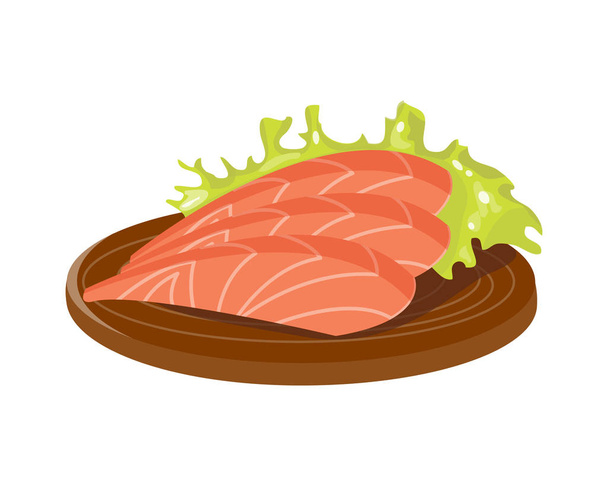 Salted red fish slice on wooden board fresh meat plate healthy fillet meal dinner vector and gourmet food diet ingredient portion prepared illustration. - Vecteur, image