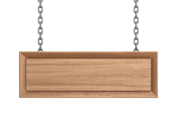 Panneau en bois blanc avec chaînes suspendues. Illustration 3D
 - Photo, image