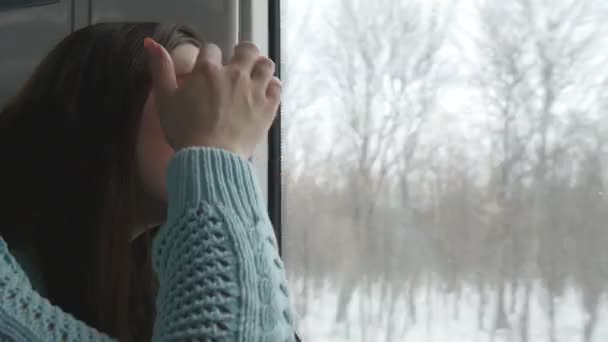 Genç kadın trende sürme sırasında pencere arıyorum. Çekici kız kış anda demiryolu üzerinde seyahat profili. Yakın çekim - Video, Çekim